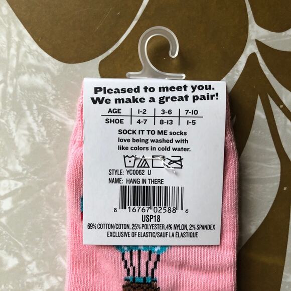 Sock It To Me Pink Hang In There Hot Air Balloon Sloth Youth Novelty Crew Socks - Picture 4 of 6